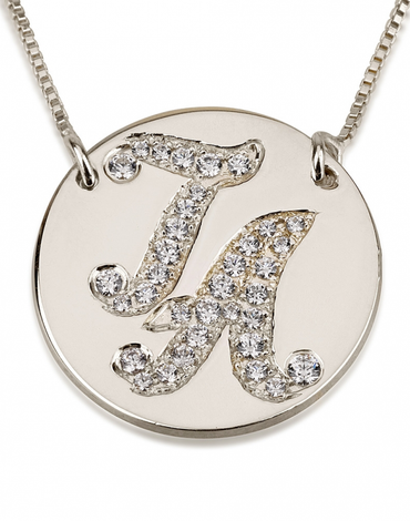 Initial Disc Necklace with Cubic Zirconia - 14k White Gold