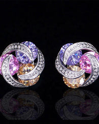 Multicolour CZ Crystal Stud Earrings - Purple Pink Champagne